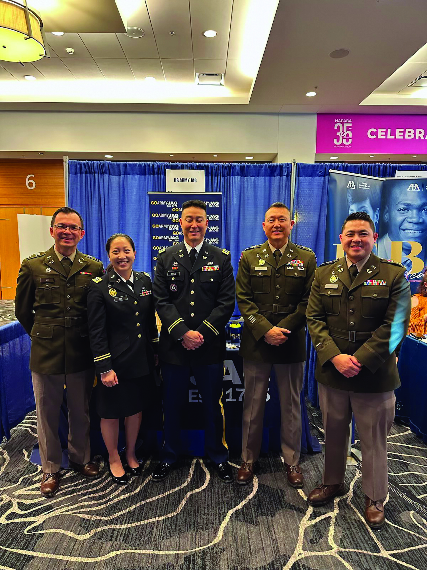 Judge advocates represent the U.S. Army JAG
        Corps at the 2023 conference of the National
        Asian Pacific American Bar Association (from left:
        CPT Dat Vo, CPT Brenda Lin, LTC Brian Song, LTC
        Thomas Hong, MAJ Quan Vu). (Photo courtesy of
        LTC Brian Song)